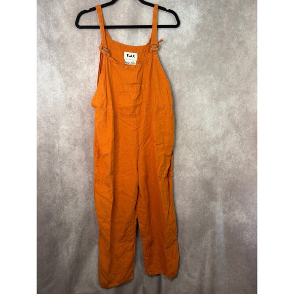 Flax Pants - FLAX 100% Linen Pumpkin Orange‎ Overalls Jumpsuit Boho Womens Medium Baggy
